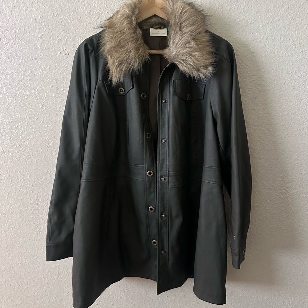 Anthropologie Maeve Olive Green Faux Leather Fur Long Jacket Plus Size 16W